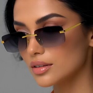 Rimless Rectangle Sunglasses Gold Frame Gray Lens Fashion Women‎ Street Hip Hop